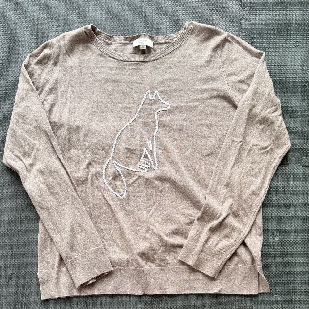 Loft Taupe Sweater with Fox Design - Women’s Size Large